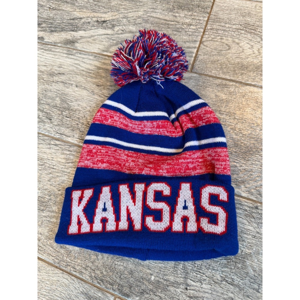 Kansas Jayhawks Knit Woven Pom Pom Beanie Hat Cap Semper Fi Cuff Adult‎ Striped